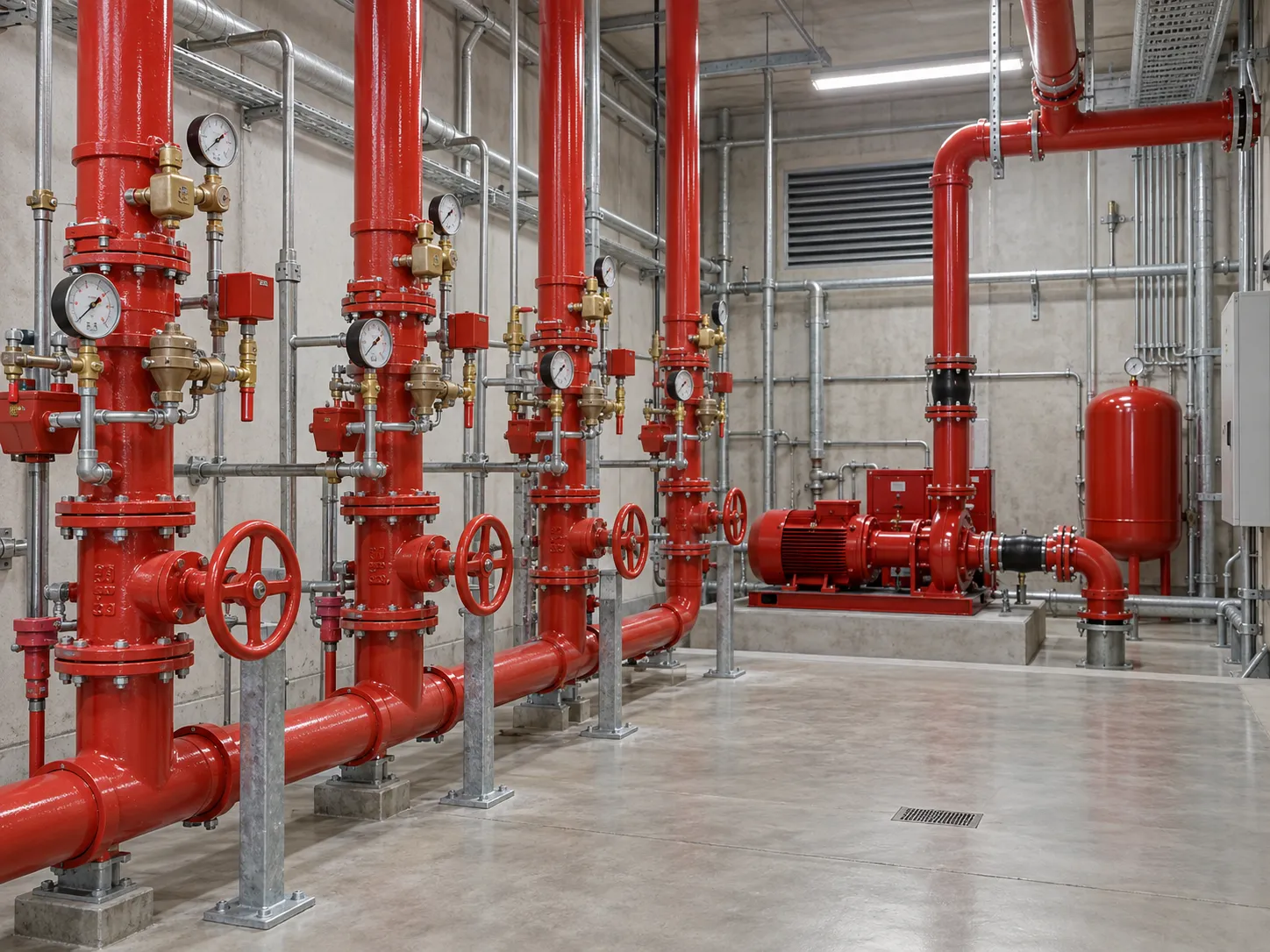 Illustration of a commercial fire sprinkler valve room with red riser pipes, control valves and pressure gauges.